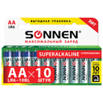 Батарейки комплект 10 шт. SONNEN Super Alkaline АА (LR6 15А) алкалиновые пальчиковые в коробке (6 штук в упаковке)