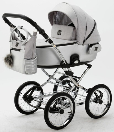 Детская коляска Adamex Porto Retro 3 в 1 PO-PS89 (СВ.СЕРЫЙ+СЕРЕБРИСТАЯ КОЖА)