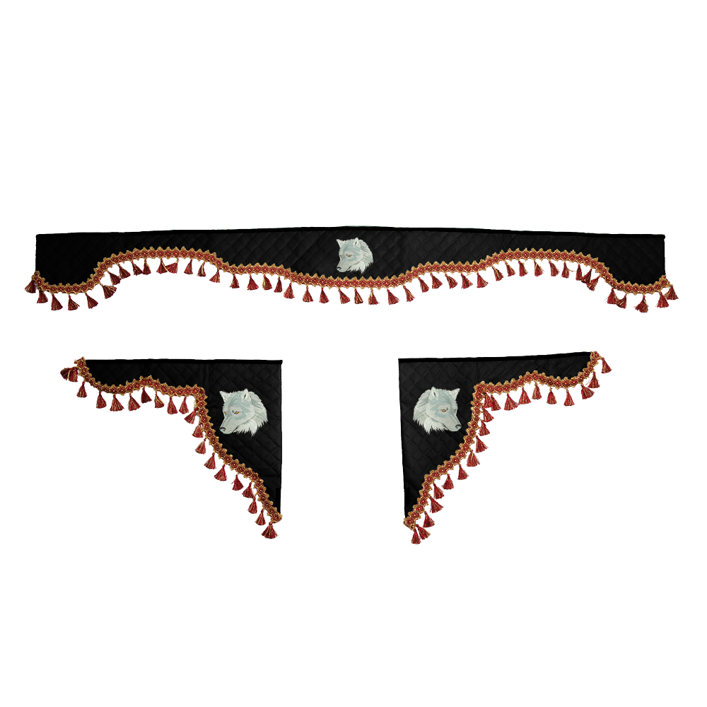 Ламбрекен с косынками универсальные стеганые Волк (экокожа, черный, красные кисточки)