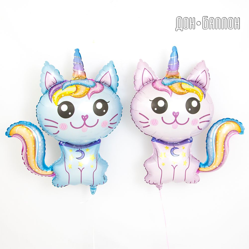 Шар (35"/89 см) Фигура, Котенок-единорог, Розовый 1 шт.