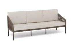 "Канны" диван 3-местный плетеный из роупа, каркас алюминий коричневый (RAL8016) муар, роуп коричневый круглый, ткань бежевая 035