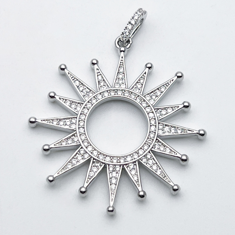 Подвеска Солнце, цвет серебро (родий), фианиты, размер 37*35 мм + бейл, цена за 1 шт