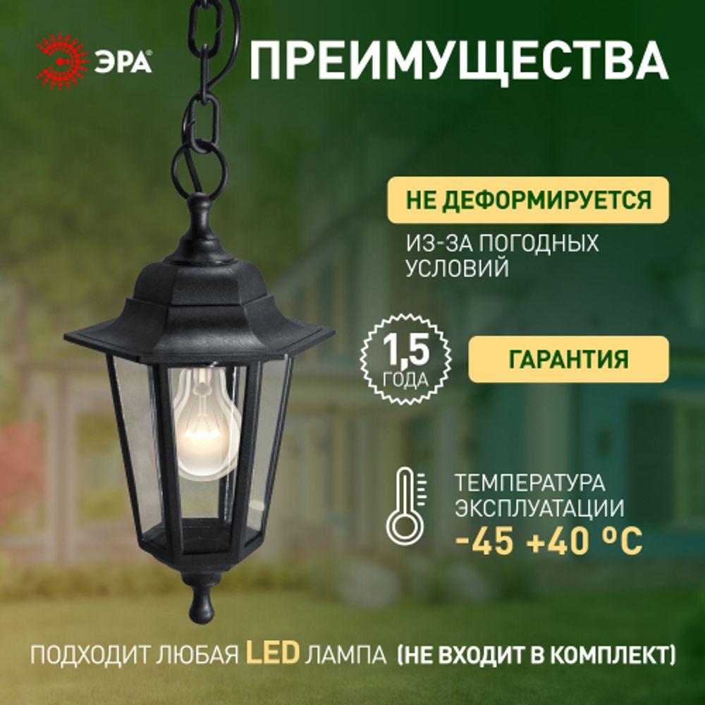 Садово-парковый светильник ЭРА НСУ 06-60-001 черный 6 гранный подвесной IP44 Е27 max60Вт