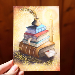 Открытка почтовая "Книги, свечка и чернила" (уценка)