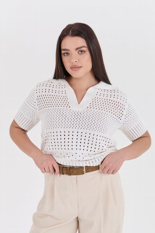 Поло вязаное ажурное с коротким рукавом, молочный