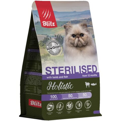 Сухой корм для кошек Blitz Holistic Lamb and Fish Sterilised Cat низкозерновой корм для стерилизованных кошек, ягненок и рыба, 1,5 кг