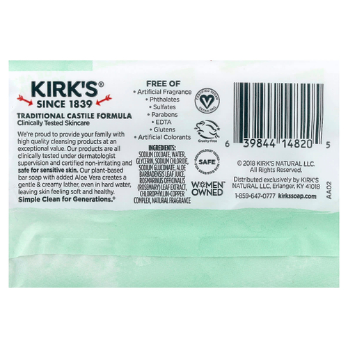 Kirk's, 100% кусковое мыло с кокосовым маслом премиального качества, успокаивающее алоэ вера, 3 куска по 113 г (4 унции)
