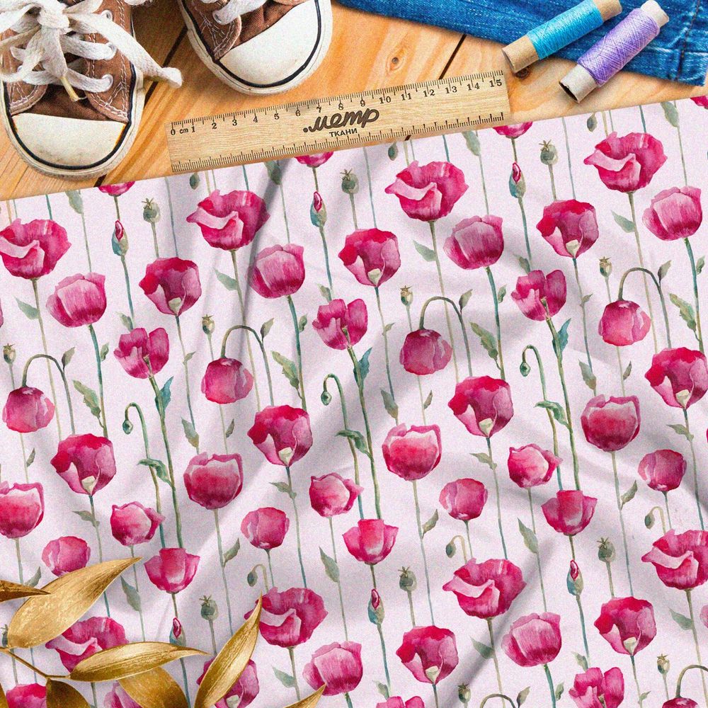 Ткань футер 2-х нитка насыщенные акварельные тюльпаны на розовом фоне