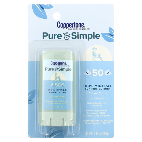 Coppertone, Pure & Simple, солнцезащитный стик, SPF 50, какао-масло, 13,9 г (0,49 унции)