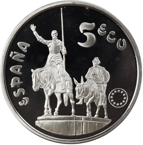 5 экю. Мигель Сервантес (автор Дон Кихота). Испания. Серебро. 1994 г. PROOF