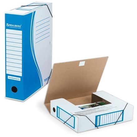 Папка архивная на резинках 75мм, микрогофрокартон, Brauberg, синяя