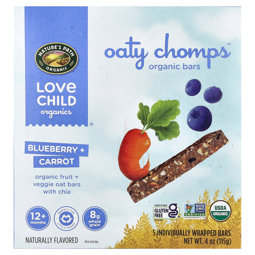 Love Child Organics, Nature's Path, органические батончики Oaty Chomps™, для детей от 12 месяцев, голубика и морковь, 5 батончиков в индивидуальной упаковке, 23 г (0,8 унции)