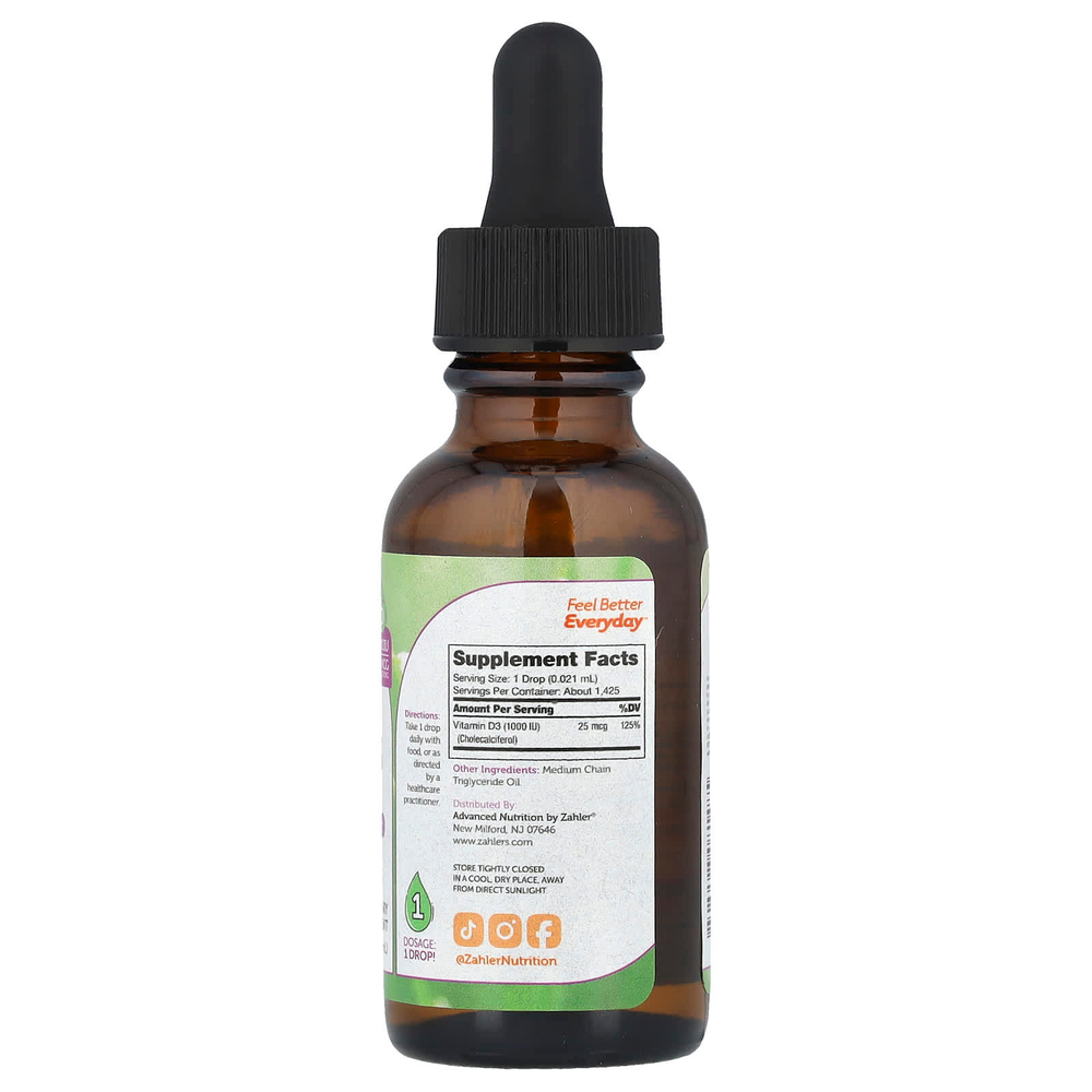 Zahler, витамин D3, улучшенная формула D3, 1000 МЕ, 30 мл (1 жидк. унция)