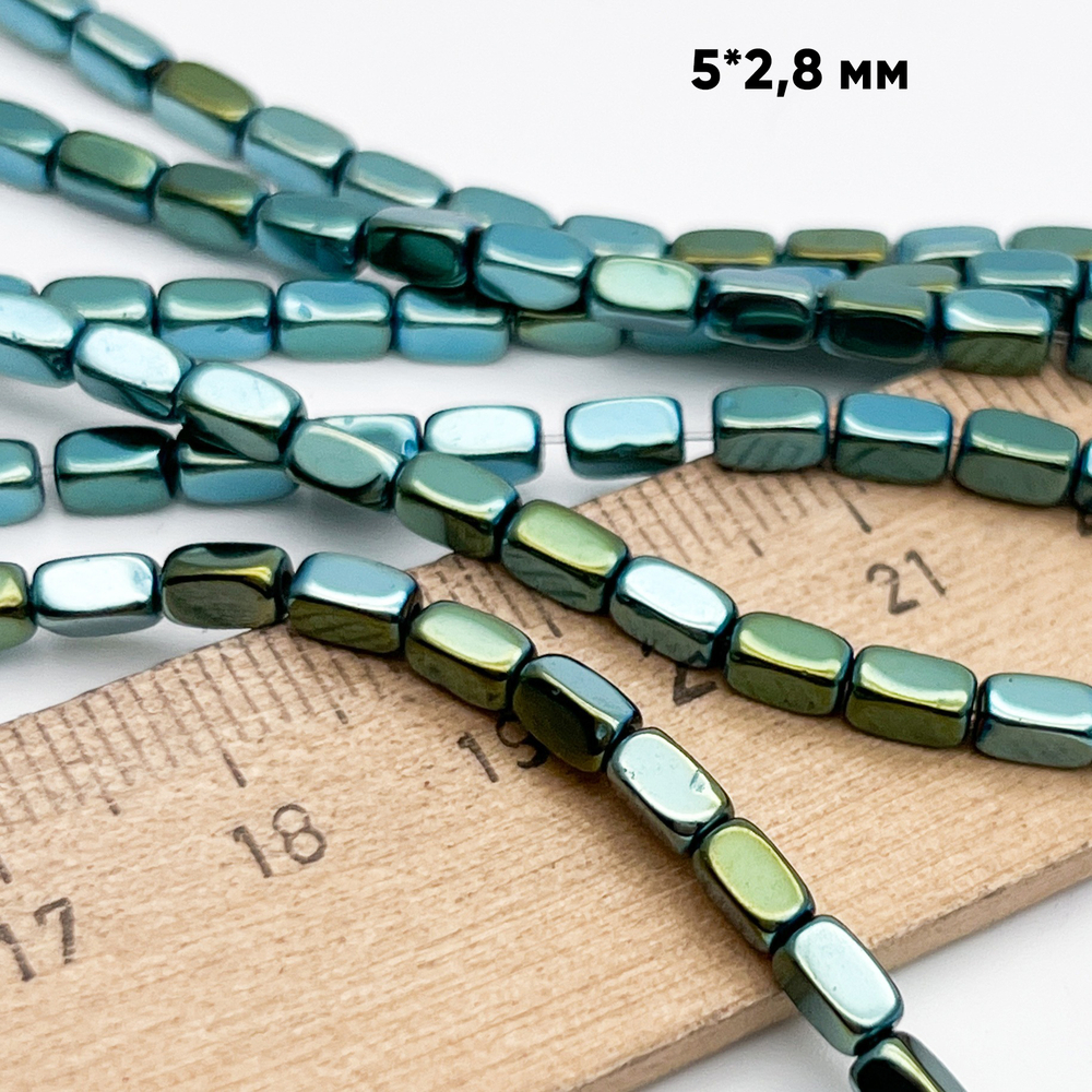 Гематит Брусок бусины (имитация), цвет зеленый, размер около 5*2,8 мм, цена за отрезок 19 см (1/2 нити)