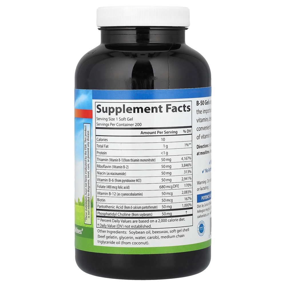 Carlson, гель B-50, комплекс витаминов группы В, 200 капсул