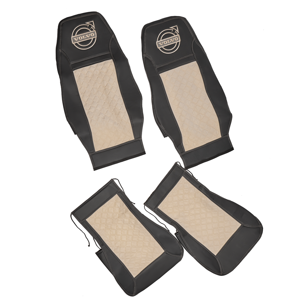Чехлы VOLVO FH-13 после 2018 года: водитель от сиденья, пассажир от стойки кабины (один вырез под ремень) (экокожа, черный, бежевая вставка)