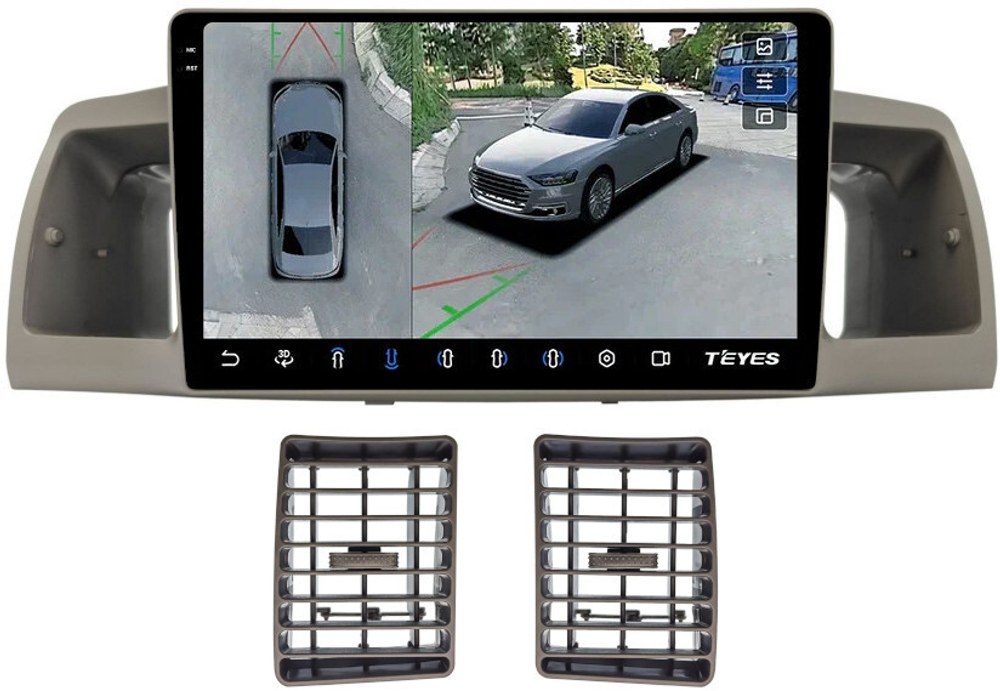 Магнитола для Toyota Corolla 120 2000-2007 (рамка бежевая с воздуховодами) - Teyes CC3-2K-360 на Android 10, 2K QLED, 6Гб+128Гб, CarPlay, 4G SIM-слот, 4 камеры в комплекте