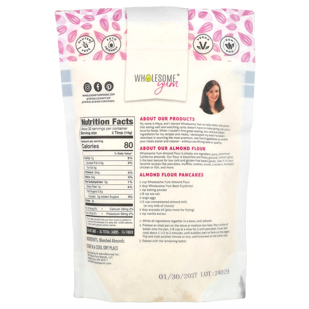 Wholesome Yum, Сверхтонкая и бланшированная миндальная мука, 454 г (1 фунт)