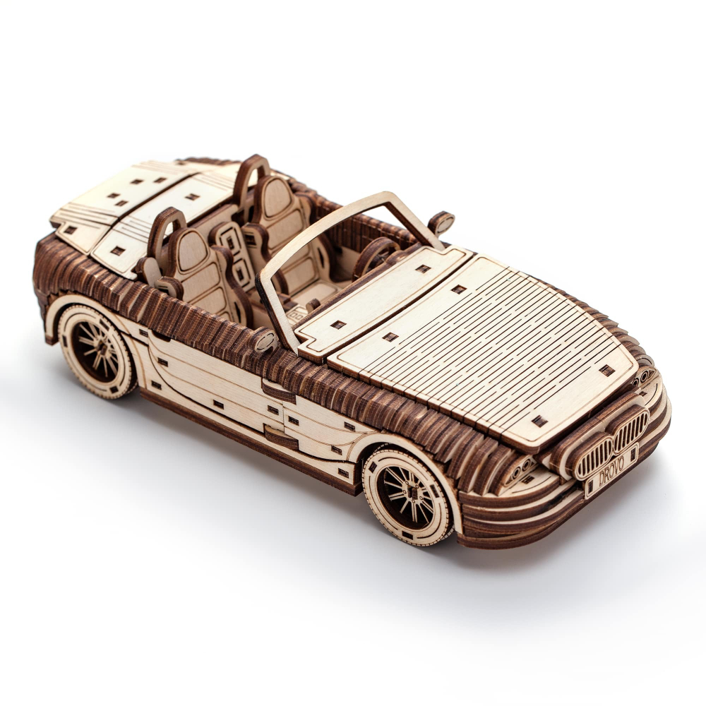 Сборная деревянная модель Родстер 007 от DROVO - Деревянный конструктор, сборная механическая модель, 3d пазл