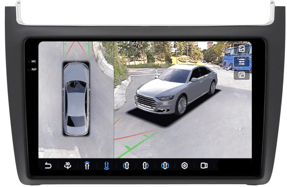 Магнитола для Volkswagen Polo 5 2009-2020 (рамка черная матовая) - FarCar BX910M-360 монитор 9.5" 2K QLED на Android 13, 6Гб+128Гб, CarPlay, 4G SIM-слот, 4 камеры в комплекте