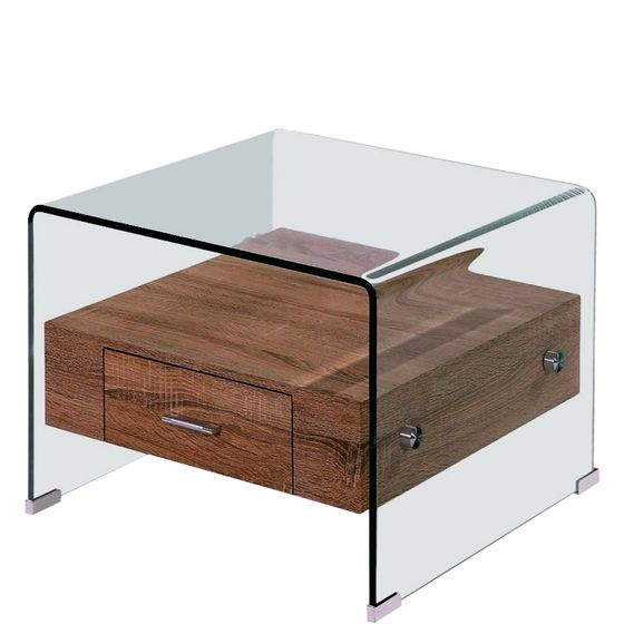 Прозрачный столик Glass из гнутого закаленного стекла с деревянной полкой с выдвижным ящиком.