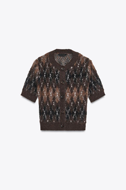 ZARA КАРДИГАН С КОРОТКИМИ РУКАВАМИ И УЗОРОМ «РОМБЫ», КОРИЧНЕВЫЙ