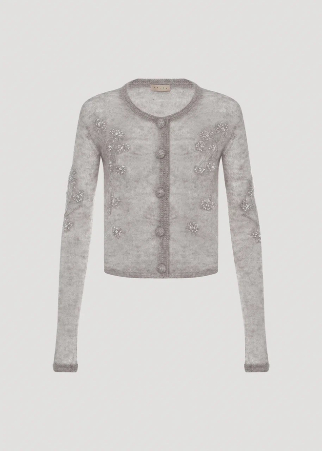Кардиган из шерсти с вышивкой серый
