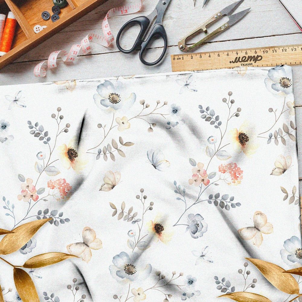Ткань бифлекс лёгкие цветочки веточки