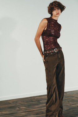 ZARA КРУЖЕВНОЙ ТОП, ТЕМНО-РОЗОВЫЙ