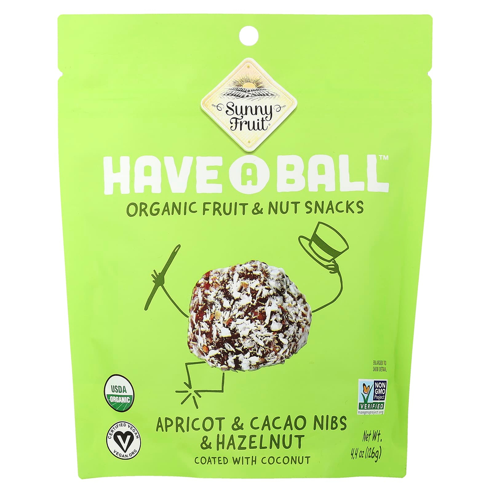 Sunny Fruit, have A Ball™, органические снеки с фруктами и орехами, абрикос, ядра какао-бобов и фундук, 126 г (4,4 унции)