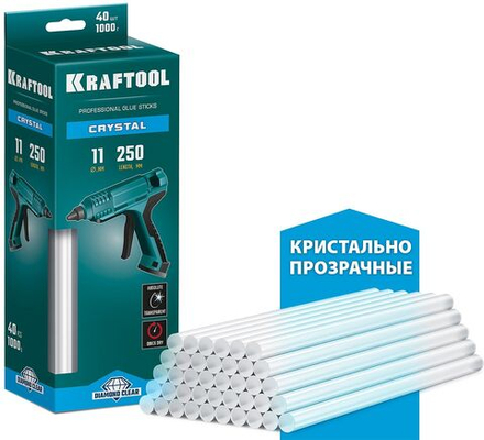 Клеевые стержни KRAFTOOL Cristal, 11 х 250 мм, 40 шт, кристально прозрачные (06846-40)
