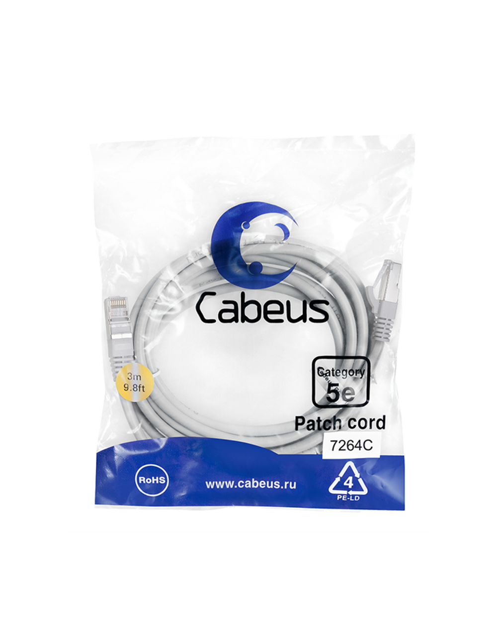 Cabeus PC-FTP-RJ45-Cat.5e-3m Патч-корд F/UTP, категория 5е, 2xRJ45/8p8c, экранированный, серый, PVC, 3м