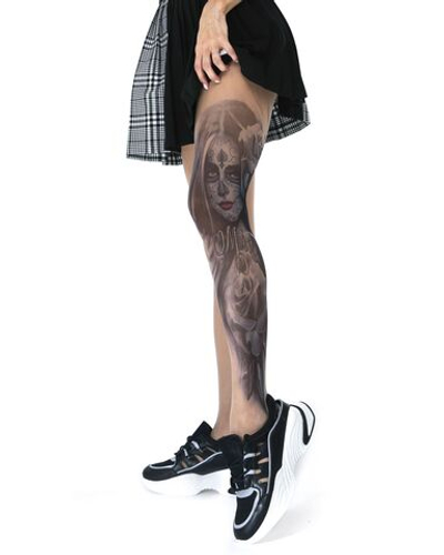 Колготки +size с крупным принтом-тату в виде девушки с макияжем калавера (Размер: XL-XXL) (Цвет: бежевый)