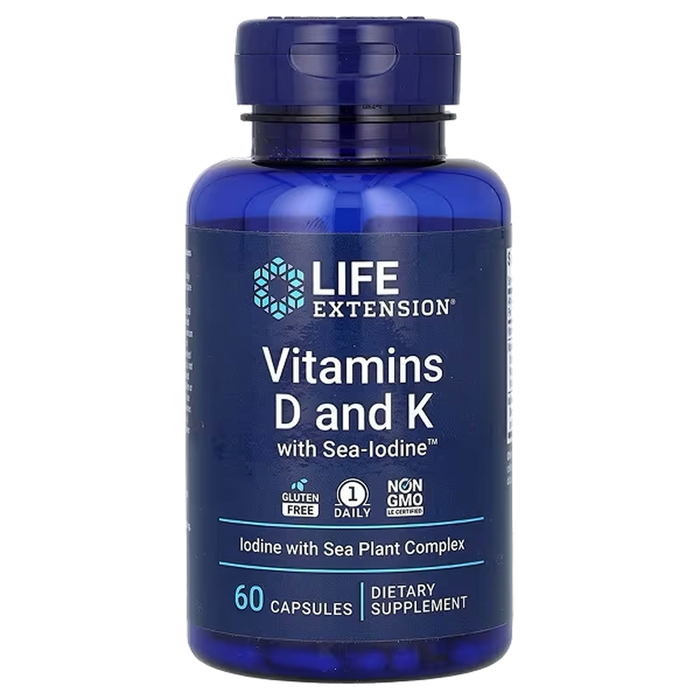 Витамины D и К с йодом, Vitamins D and K with Sea-Iodine, Life Extension, 60 капсул