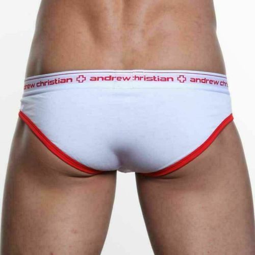 Мужские трусы брифы белые с красной резинкой Andrew Christian Cotton Brief