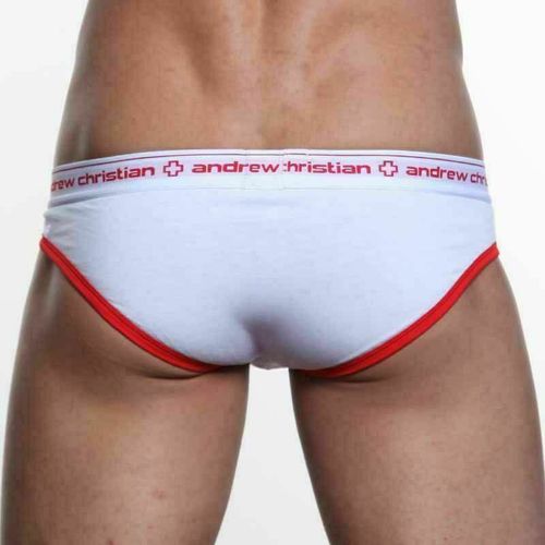 Мужские трусы брифы белые с красной резинкой Andrew Christian Cotton Brief