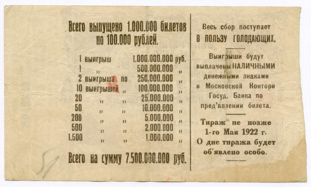 Билет лотереи "В пользу голодающих" 1922 год. Цена 100000 рублей. № 0763733