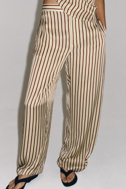 ZARA БРЮКИ BALLOON В ПОЛОСКУ ZW COLLECTION, ЭКРЮ/ГРАНАТОВЫЙ
