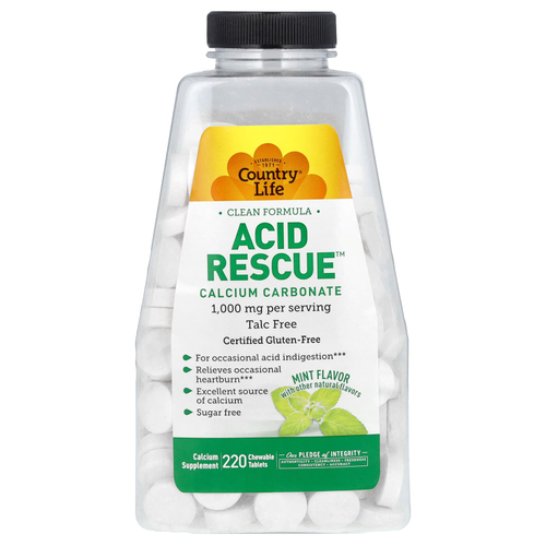 Country Life, Acid Rescue, карбонат кальция, мята, 220 жевательных таблеток