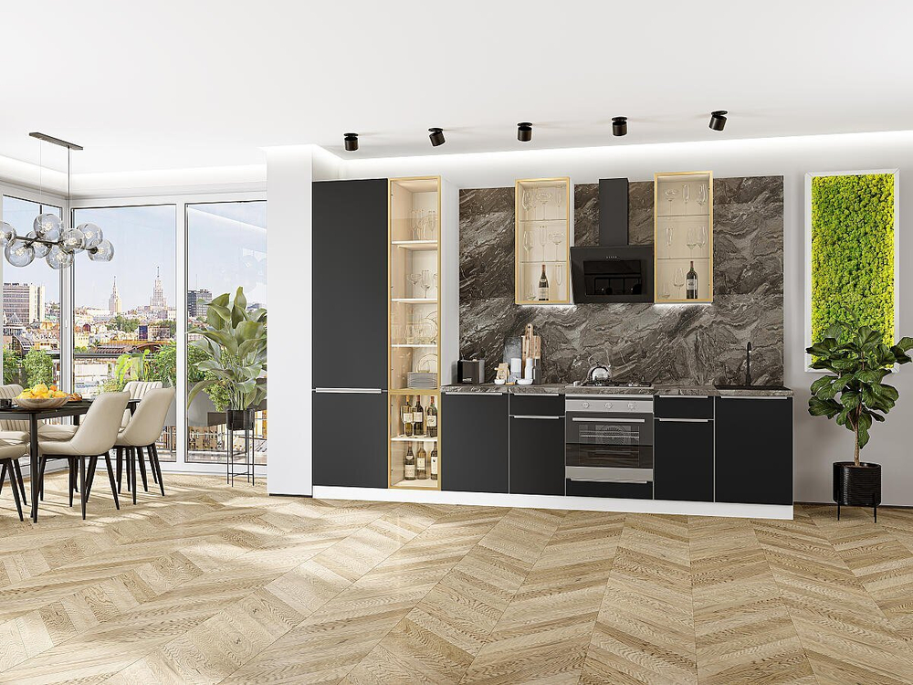 Прямая модульная кухня Фьюжн-08 Stormy Silk - Белый 2340*3400*600