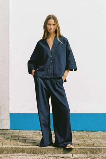 ZARA БРЮКИ WIDE-LEG С ВЫСОКОЙ ПОСАДКОЙ, ТЕМНЫЙ ИНДИГО