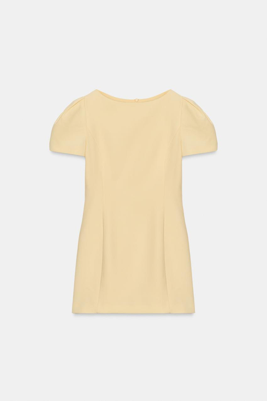 ZARA КОРОТКОЕ ПЛАТЬЕ СО СКЛАДКАМИ И КАРМАНАМИ, ПАСТЕЛЬНО-ЖЕЛТЫЙ