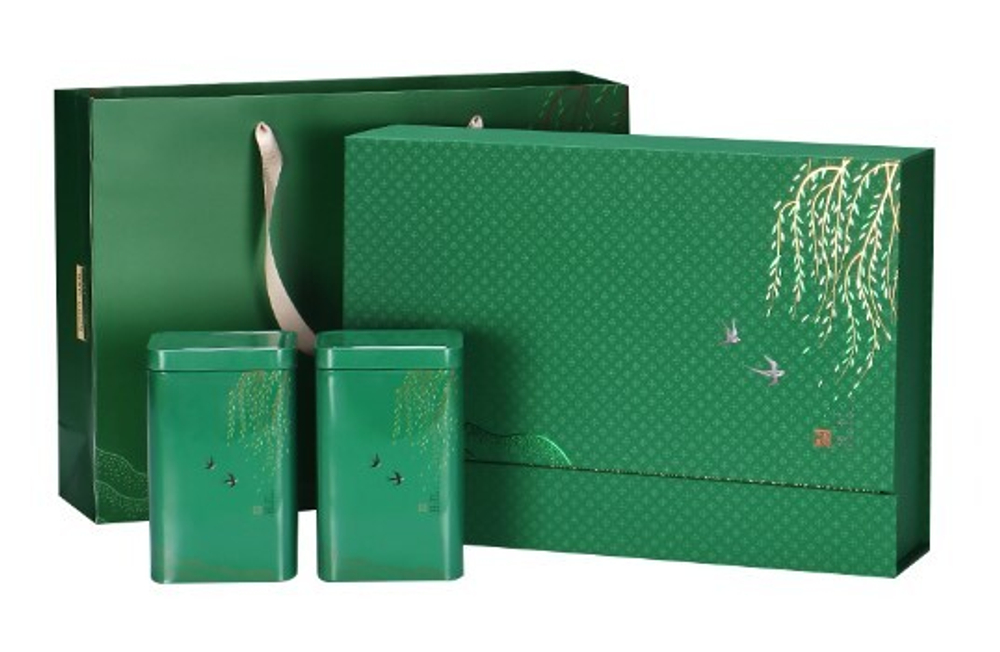 269087 Набор подарочный "Ласточки" сумка, коробка, 2 банки 13,5х8,5х6,5см, картон/жесть зеленый