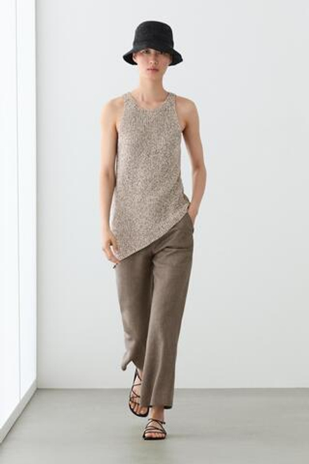 Massimo Dutti Укороченные брюки клеш из льна, кротово-коричневый