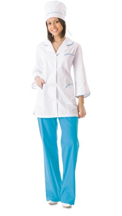 Костюм "ЖАСМИН" женский: куртка, брюки, колпак белый со светло-бирюзовым