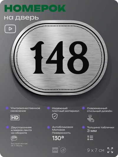 Номерок на дверь квартиры 148, для кабинета, офиса, шильдик 9 х 7 см, серебристый, Айдентика Технолоджи