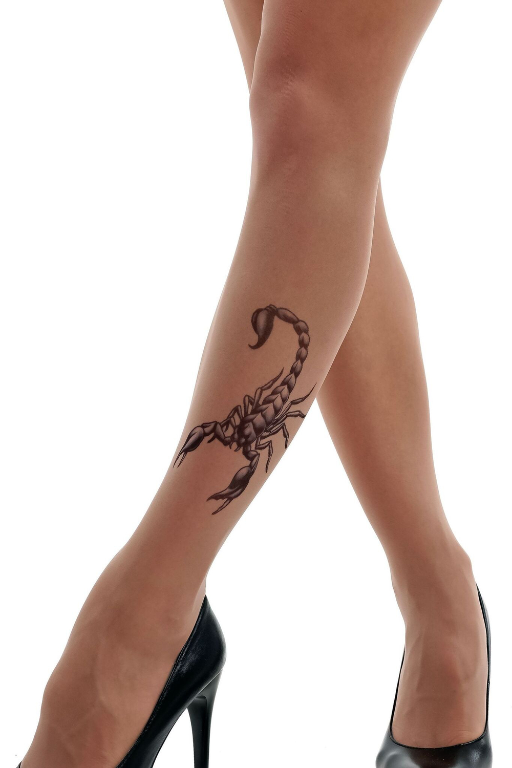 Колготки +size с имитацией тату-скорпиона на левой ножке (Размер: XL-XXL-XXXL) (Цвет: бежевый)