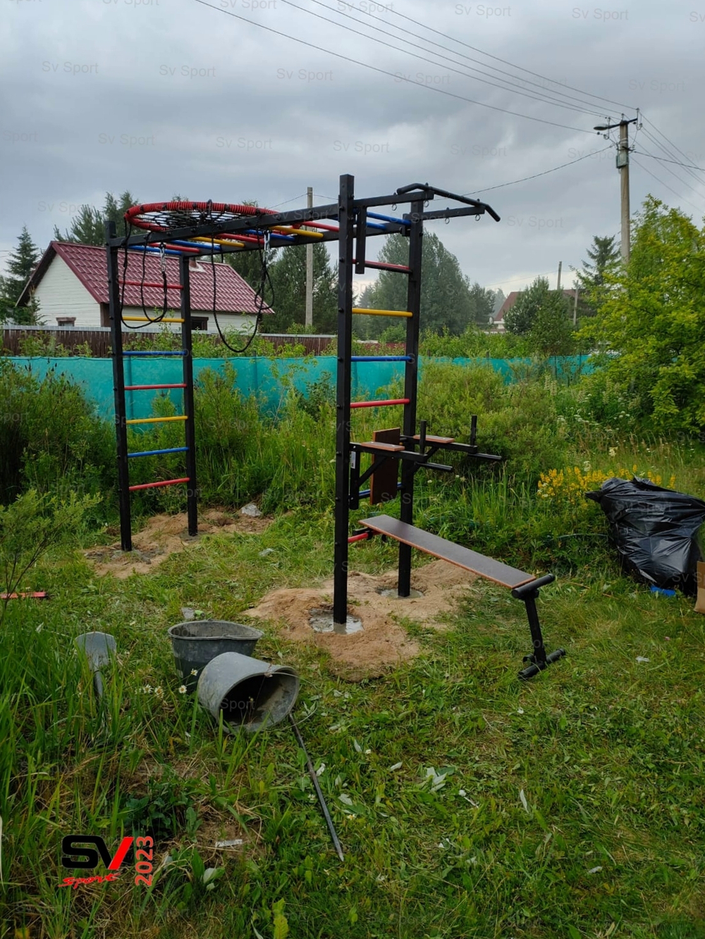 Монтаж уличной шведской стенки Sv Sport Рукоход (4 вертикальных столба)