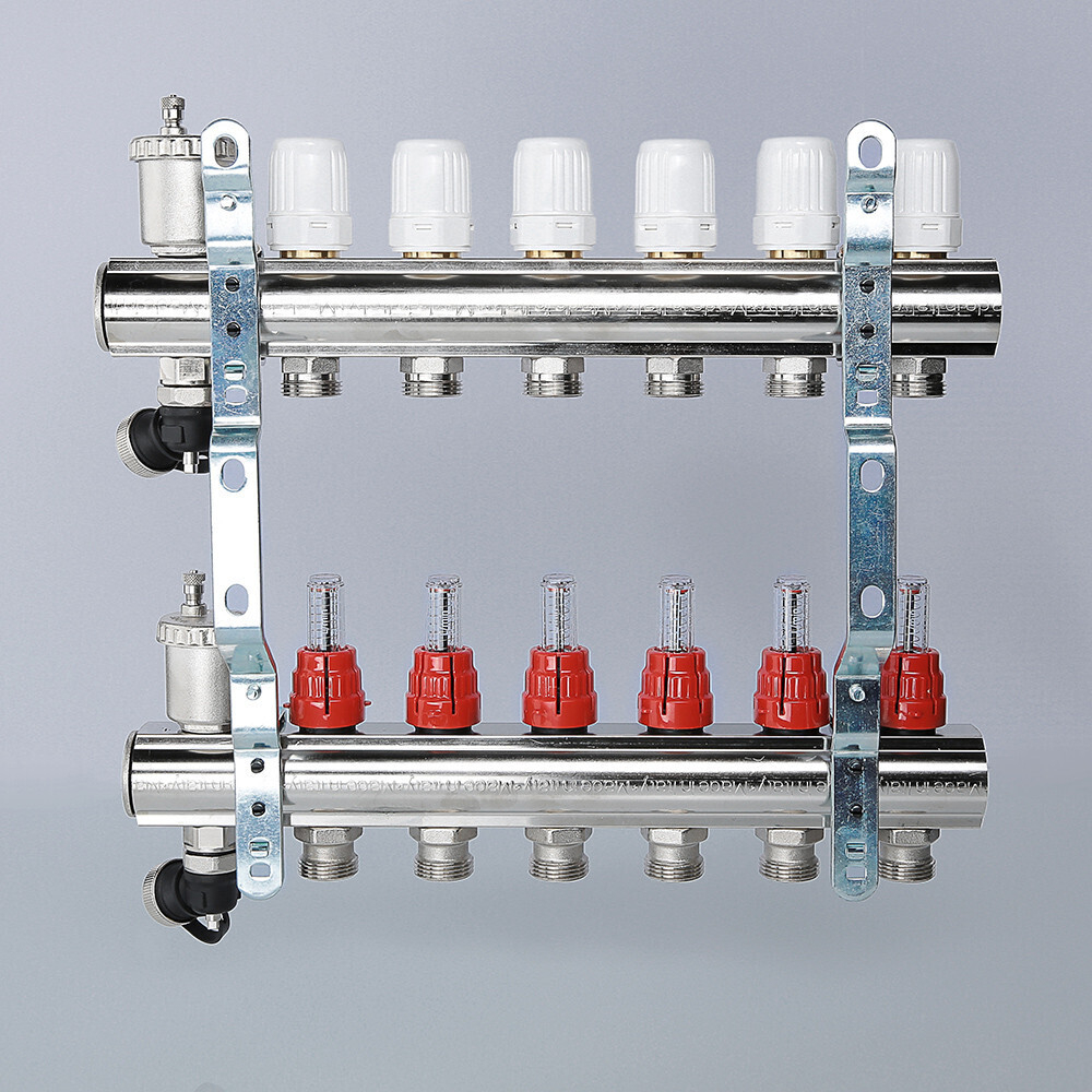 Коллекторный блок VALTEC латунный с регулировочными клапанами и расходомерами 1", 6 x 3/4", "евроконус"