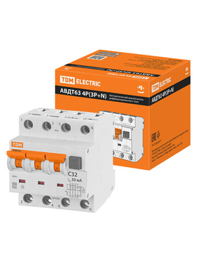 АВДТ 63 4P(3Р+N) C32 30мА 6кА электронный тип А TDM SQ0202-0019